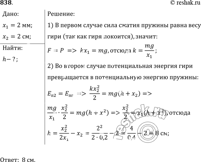 Изображение 838.	Гиря, покоящаяся на верхнем конце спиральной пружины, укрепленной на подставке, сжимает ее на л:х = = 2 мм. Но та же гиря, упавшая с некоторой высоты h на конец...